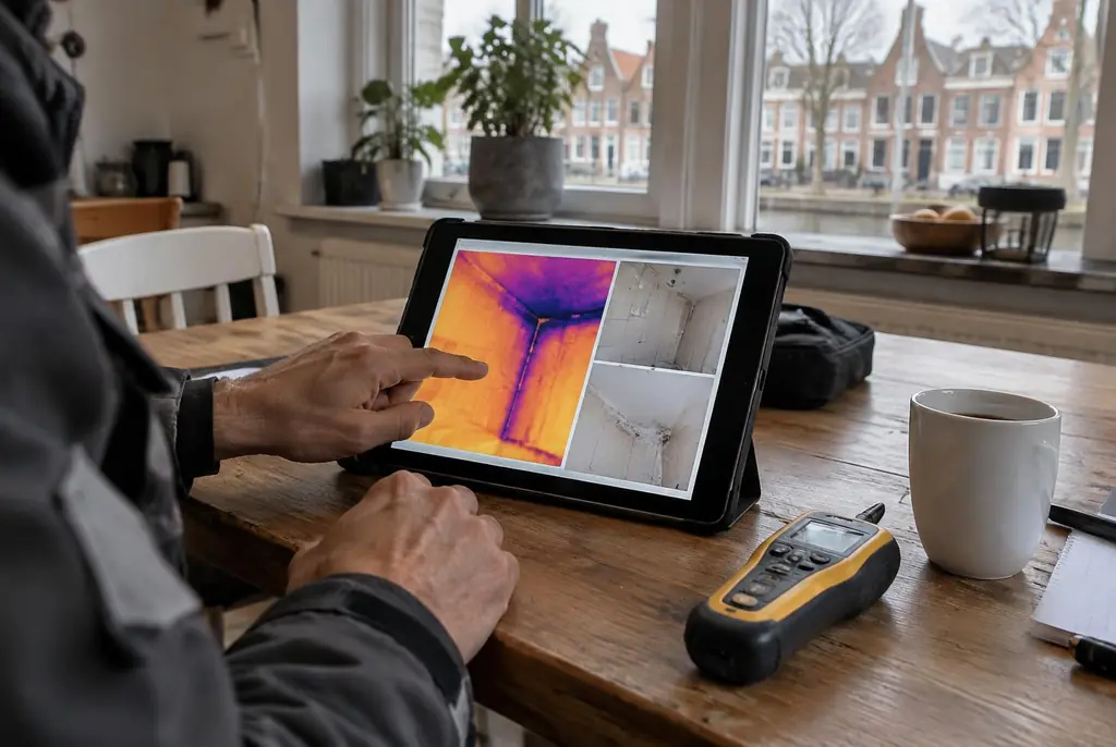 Lekdetectie Oudewater – lekdetectierapport met warmtebeelden en foto's op een tablet