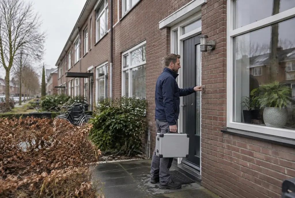 Lekdetectiespecialist met meetkoffer bij de voordeur van een woning in Oudewater